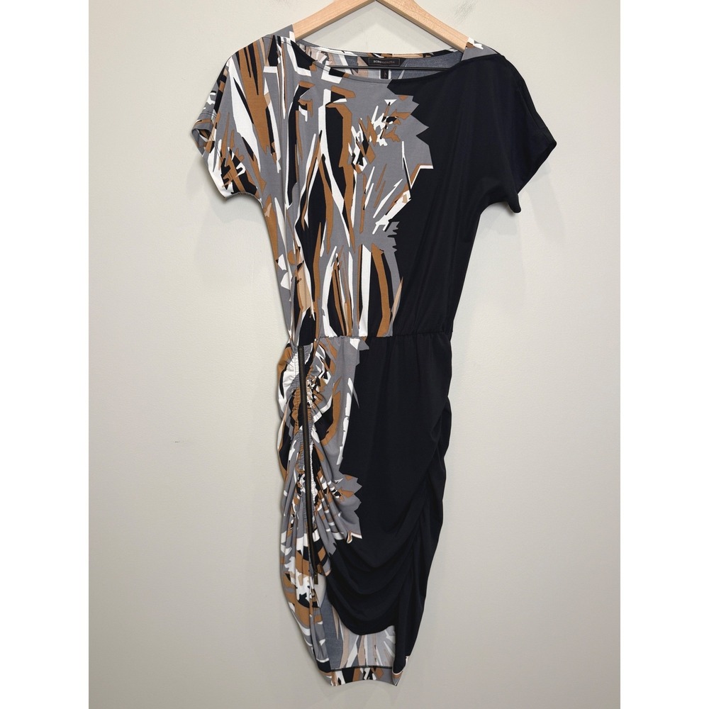 BCBG Max Azria Rouched Mini Dress Zip Skirt Short Sleeve Black Brown Bodycon XS